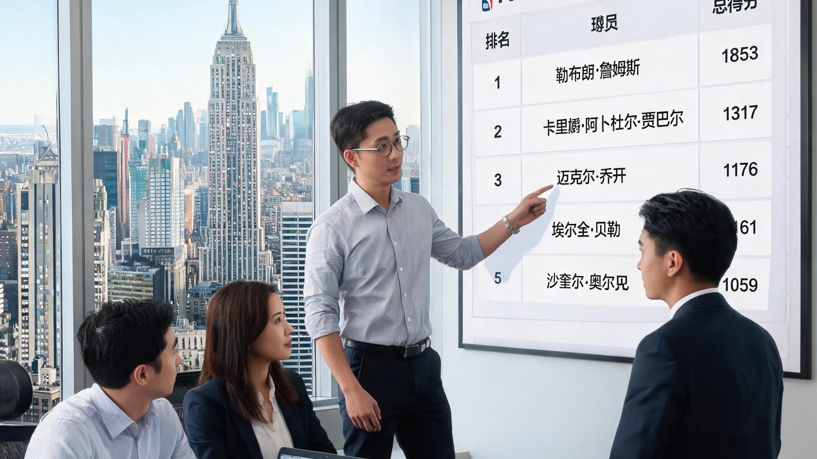 数据研究中心团队在纽约办公室进行数据核对和讨论，墙上挂着总决赛历史得分榜