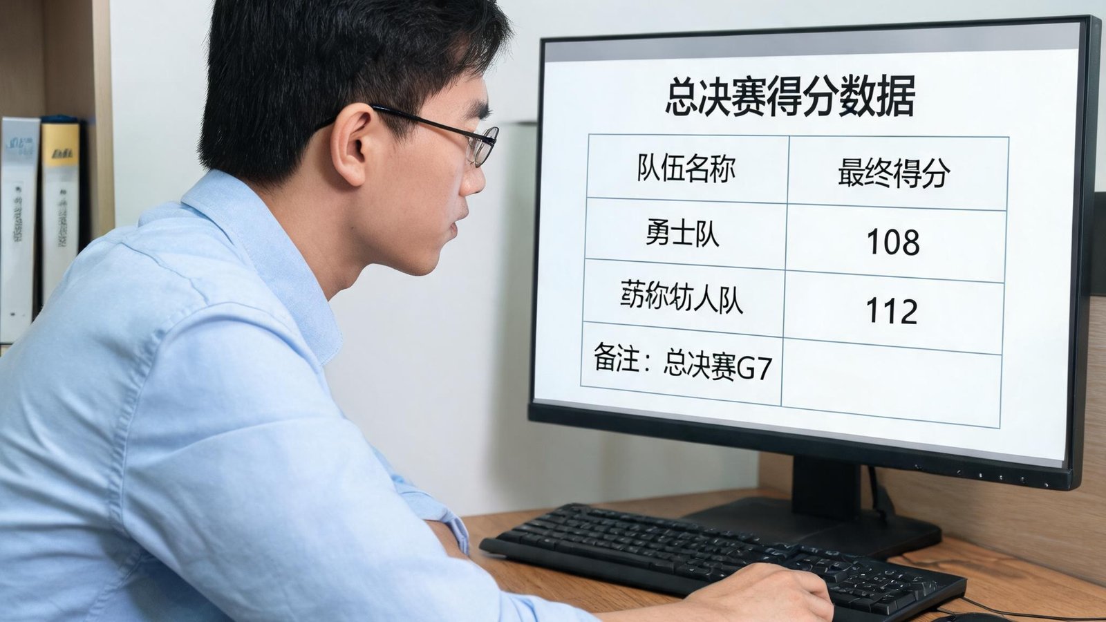 数据工程师张伟在电脑前核对总决赛得分数据