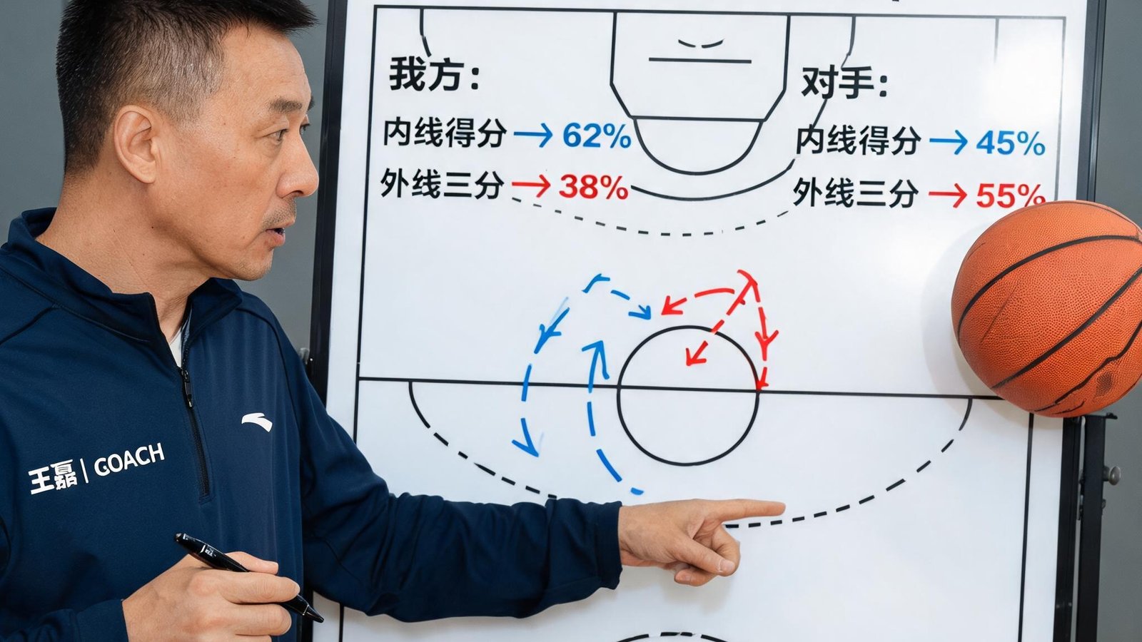 篮球教练王磊在战术板上分析总决赛得分效率
